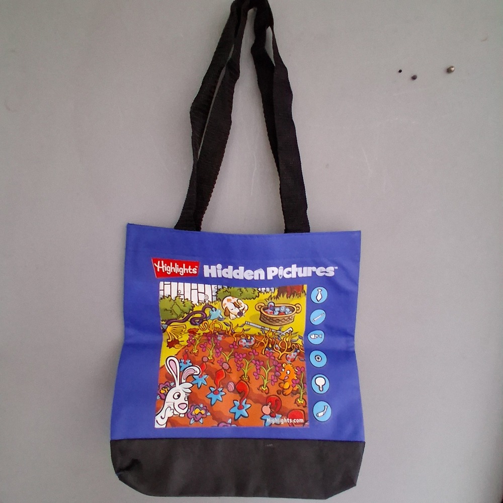 Highlights Hidden Pictures Blue Graphic Tote Bag Reusable Shopping Book Bag